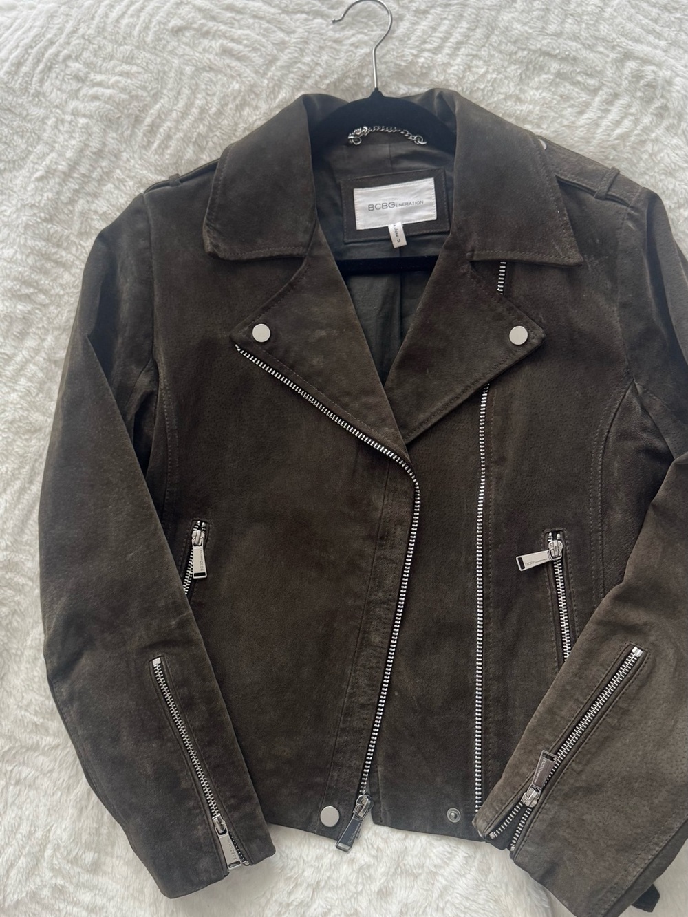 BCBGMaxAzria Dark Olive Suede Asymmetrical Moto Jacket